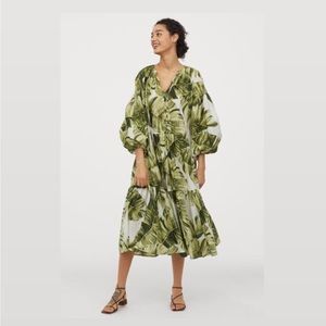 H&M balloon sleeve cotton maxi dress palm leaf print